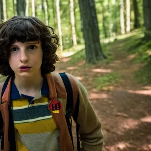 Image similar to Finn Wolfhard (Mike Wheeler) for Stranger Things holding a gun and running in a forest, dramatic lighting, cinematic, establishing shot, extremely high detail, photo realistic, cinematic lighting