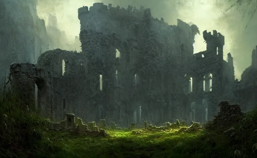 Prompt: ruins of an old castle covered by plants with moody and cinematic lighting by greg ruthkowski and craig mullins and caspar david friedrich, cinematic and atmospheric, concept art, artstation, trending on artstation