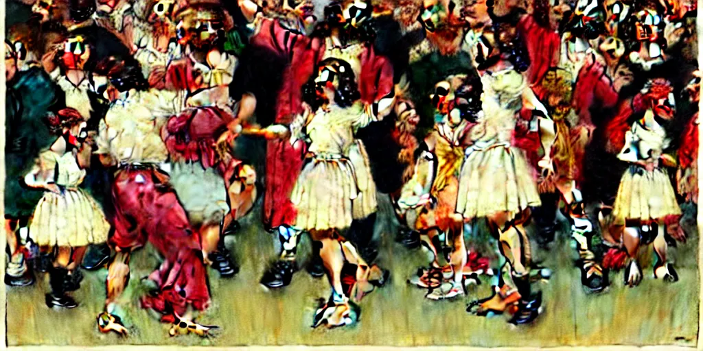 Image similar to mascot versions of jesus dancing at a disco, by norman rockwell