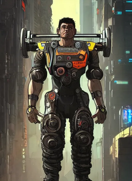 Image similar to hector. apex legends cyberpunk weight lifter with huge robot arms. concept art by james gurney and mœbius. gorgeous face, cinematic, dramatic lighting ( cyberpunk 2 0 7 7 ), clean aesthetic