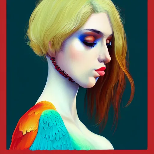 Image similar to portrait of a young blonde alternative instagram girl with a parrot, upper body, long hair, intricate, highly detailed, digital painting, artstation, concept art, matte, sharp focus, illustration