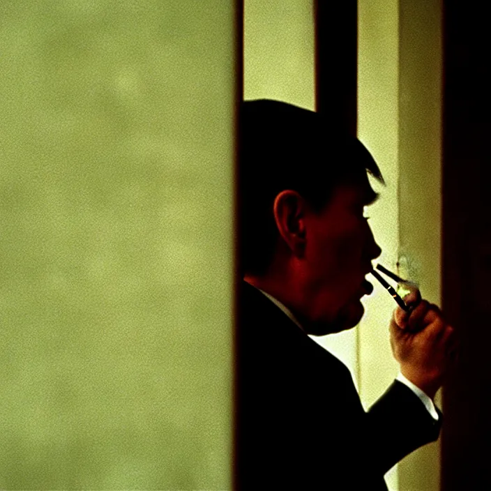 Prompt: trump smoking alone by wong kar wai