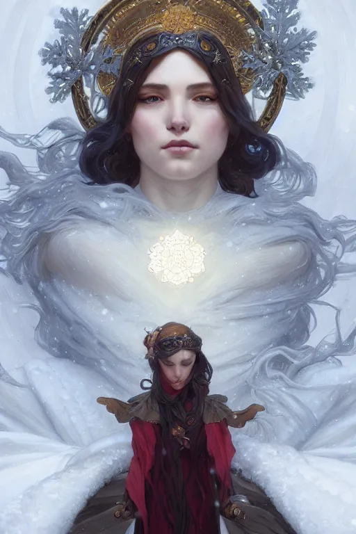 Prompt: goddess of winter solstice, only two hands, highly detailed, digital painting, artstation, concept art, smooth, sharp focus, illustration, unreal engine 5, 8 k, art by artgerm and greg rutkowski and edgar maxence and alphonse mucha