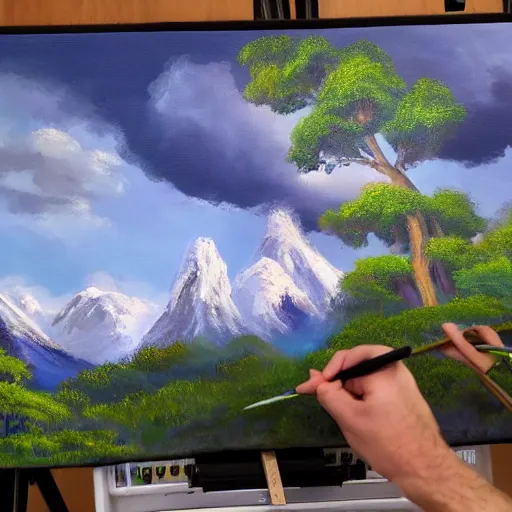 Image similar to a closeup photorealistic photograph of bob ross putting the finishing touches on a canvas painting that includes ashley schaeffer. mountains and trees. film still. brightly lit scene. this 4 k hd image is trending on artstation, featured on behance, well - rendered, extra crisp, features intricate detail, epic composition and the style of unreal engine.