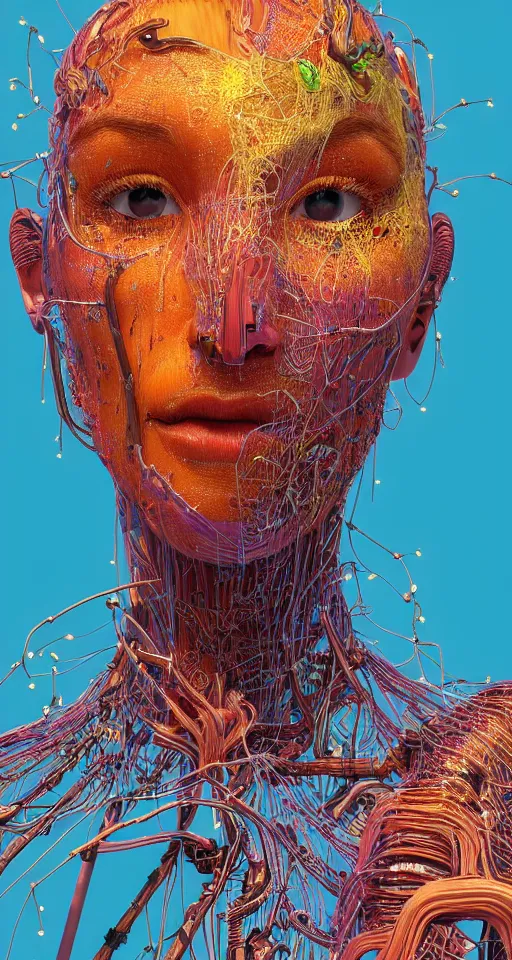 Prompt: cinema 4d colorful render, organic, ultra detailed, of a painted realistic face with sparking wires , scratched. biomechanical cyborg, analog, macro lens, beautiful natural soft rim light, smoke, veins, neon, winged insects and stems, roots, fine foliage lace, golden details, art nouveau fashion embroidered, intricate details, mesh wire, computer components, motherboard, floppy disk eyes,mandelbrot fractal, anatomical, facial muscles, cable wires, elegant, hyper realistic, in front of dark flower and feather pattern wallpaper, ultra detailed, 8k post-production