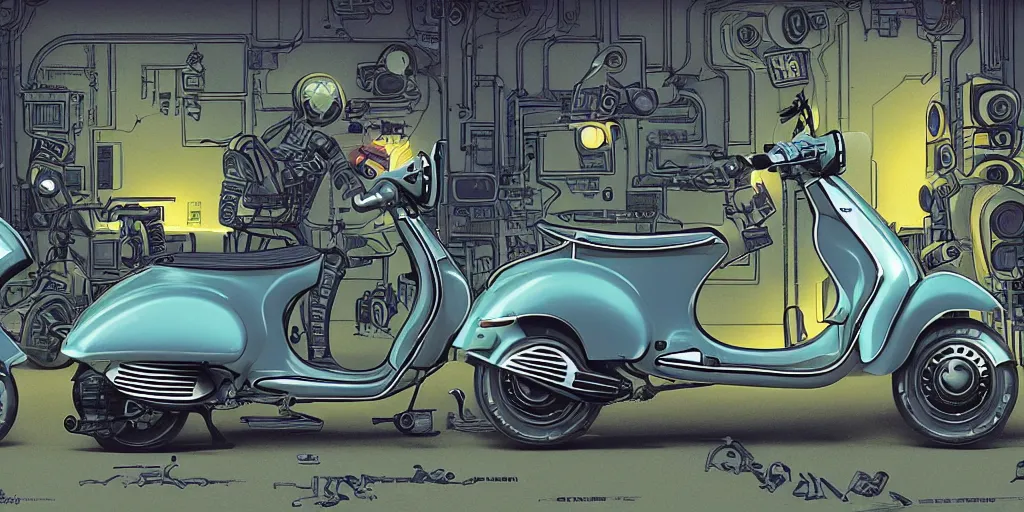 Prompt: a detailed illustration of vintage vespa scooter surrounded by assembly line robots, side view, blacklight aesthetic, cyberpunk theme, by michael whelan and ralph mcquarrie, 8K, blade runner lighting