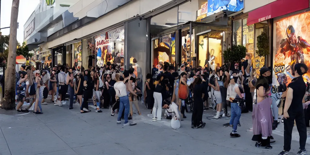 Image similar to crowd of crazy people with posters attack cosplayers in front of stores in los angeles with light screens all over the street, photorealism, professional lighting, lantern lighting, japanese chill photos, conceptual art