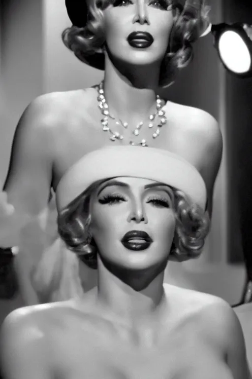 Prompt: film still of kim kardashian as marlin monroe in some like it hot, vibrant high contrast, octane, arney freytag, cinematic, full shot, backlit, rim lighting, 8k