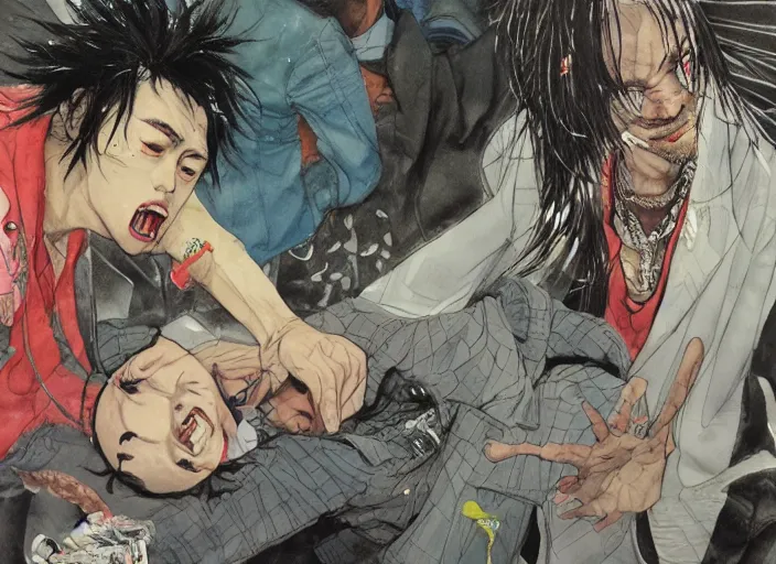 Prompt: scene of a funky disco crackhead passed out on the club dance floor, by takehiko inoue and kim jung gi and hiroya oku, masterpiece illustration, realistic face and anatomy