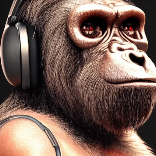 Prompt: a detailed portrait of a cyber punk ape wearing headphones, 8 k