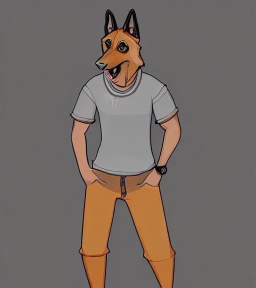 Image similar to expressive stylized master furry artist digital line art painting by blotch portrait character study of the anthro male anthropomorphic german shepard fursona animal person wearing clothes tshirt and shorts