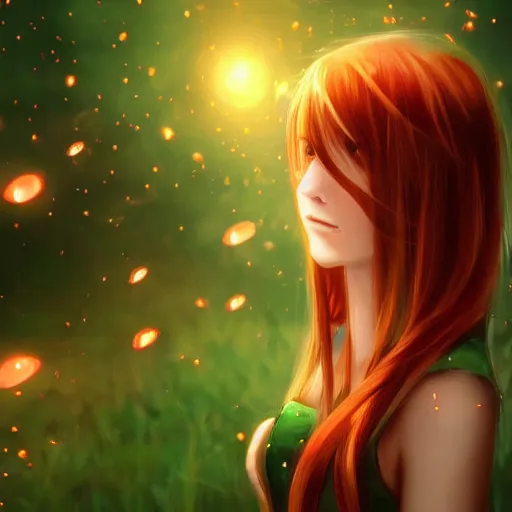 Prompt: sharp, intricate fine details, breathtaking, hd anime portrait wallpaper of a red haired girl with long hair and green eyes softly smiling in a dreamy, mesmerizing scenery with fireflies