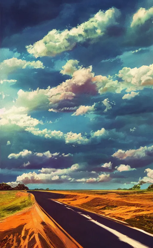 Image similar to paperback book cover. 1 9 6 0 s. pure colors, melting clouds, accurately drawn details, a sunburst above a receding road with the light reflected in furrows and ruts, after rain. photorealistic. octane render. cinematic. trending on artstation. textless.