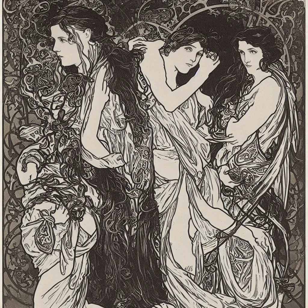 Image similar to monochromatic engraving by alphonse mucha and gustave klint