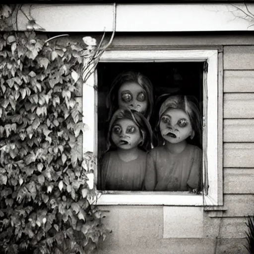 Prompt: Eyes peering in the window at night, scary, creepy