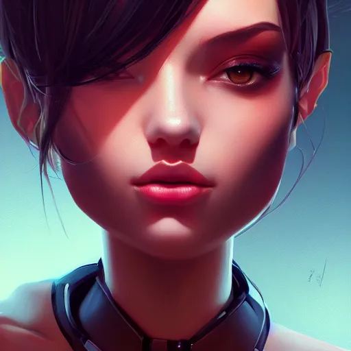 Image similar to portrait of beautiful girl with robot body by artgerm and ilya kuvshinov, close up, portrait, cinematic, elegant, artstation, intricate, highly detailed, digital painting, artstation, concept art, sharp focus, illustration, cyberpunk, cgsociety, 8 k