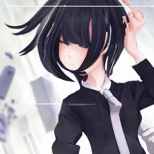 Image similar to luxury advertisement, astonishing portrait of a very beautiful anime schoolgirl with black bob hair in style of cytus and deemo, full perfect face, she is dancing, set in Half-life. Realistic, highly detailed background, artstation, 120 degree view, drawn by Sasoura, Satchely and Akihiko Yoshida, no distortion