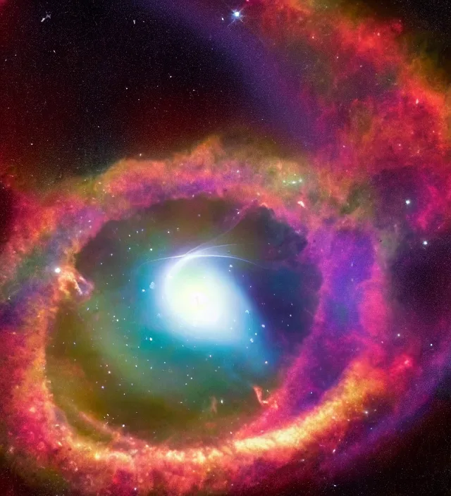 Prompt: a telescope view of a wormhole absorbing a nebula, vintage sci - fi, 4 k