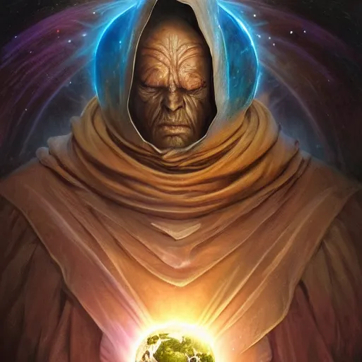 Image similar to creator of worlds wearing a cloak, masked, and holding a holographic planet projection in his hand, detailed, sci - fi, digital painting, artstation, sharp focus, illustration, ominous, artgerm, tomasz alen kopera, peter mohrbacher, donato giancola, joseph christian leyendecker, wlop, frank frazetta