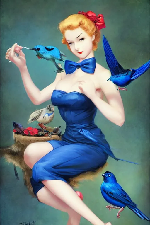 Image similar to anime pinup girl holding an indigo bunting, bird, the bird is wearing a bowtie, by greg rutkowski, rossdraws, gil elvgren, enoch bolles, anime, porcelain skin, very coherent