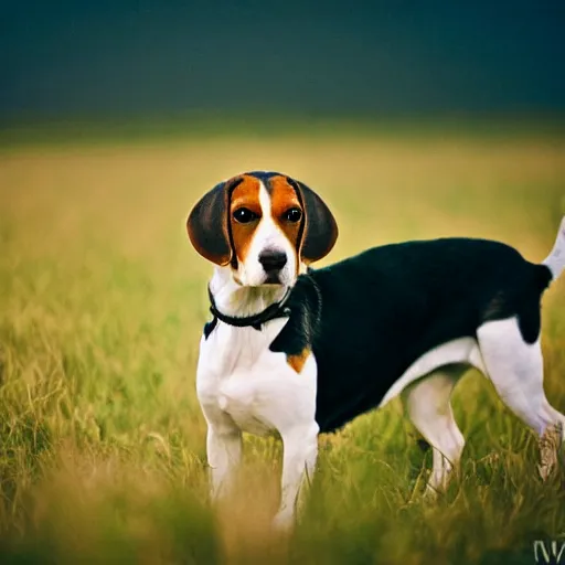 Prompt: beagle in a field, movie still, photography, DSLR 35mm, low light photography,