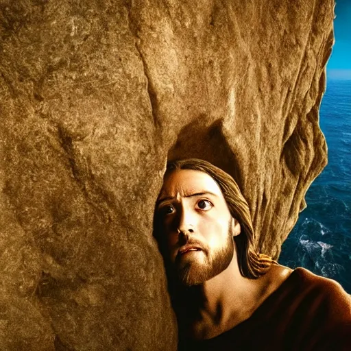 Image similar to Jesus Christ’s head sticking out from a tomb in a cliff side, cinematic perspective, movie shot, 8k, full hd