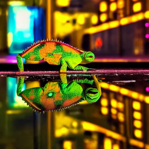 Prompt: a high quality photo of a chameleon on the streets of a cyberpunk city, rainy, reflective ground, neon lights, realism, 8k