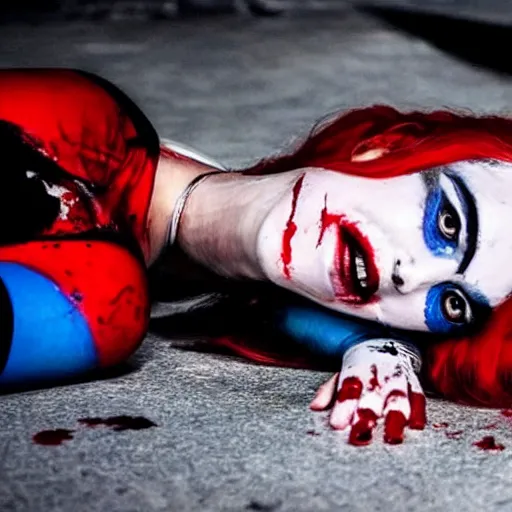 Image similar to a criminal photography taken of a dead harley quinn from suicide squad laying on the ground, blood is pooling under her, at night, super realistic.