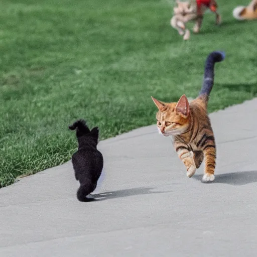 Image similar to a giant cat chasing after a little dog, little dog running away fast from the scary cat