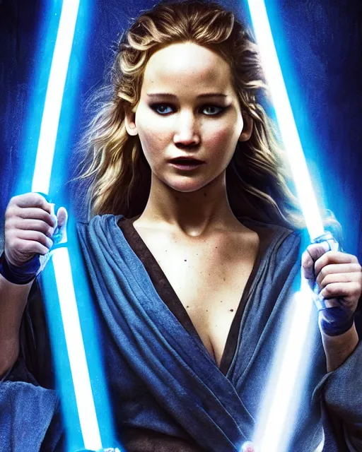 Prompt: jennifer lawrence as a jedi with ripped and damaged clothes holding a single lightsaber, blue coloured, in her hands, very dark background, official new star wars episode xi movie poster from lucas arts, perfect symmetrical face, moody lighting, 8 k, shallow depth of field, intricate detail,