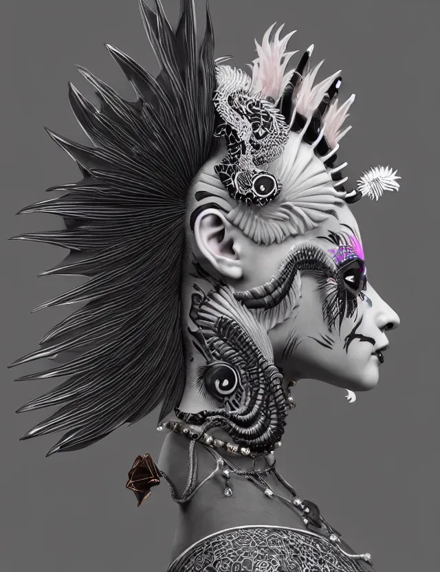 Image similar to 3 d goddess close - up profile simple portrait punk with mohawk with ram skull. beautiful intricately detailed japanese crow kitsune mask and clasical japanese kimono. betta fish, jellyfish phoenix, bio luminescent, plasma, ice, water, wind, creature, artwork by tooth wu and wlop and beeple and greg rutkowski