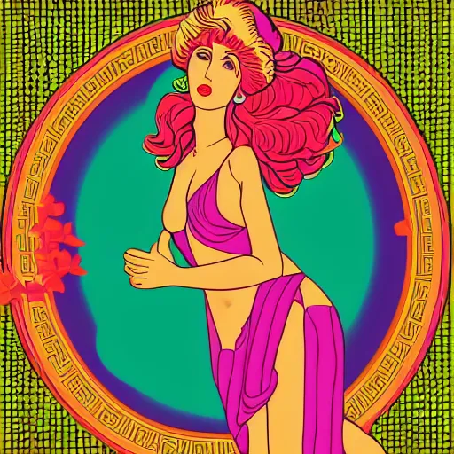 Image similar to a beautiful greek goddess aphrodite, in retro colors, synthwave style, 2 d digital vector art