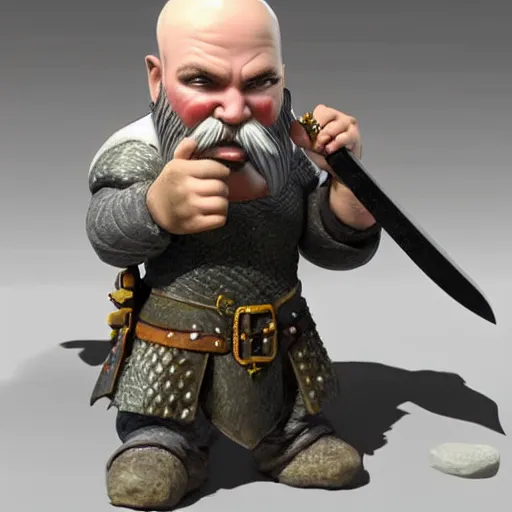 Image similar to bald dwarf with white beard, holding a dagger and bomb, dnd, high detail, fantasy,