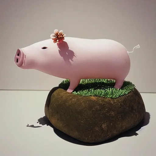 Image similar to “pig sculpture, mixed materials, pork, ikebana white flowers, white wax dripping”