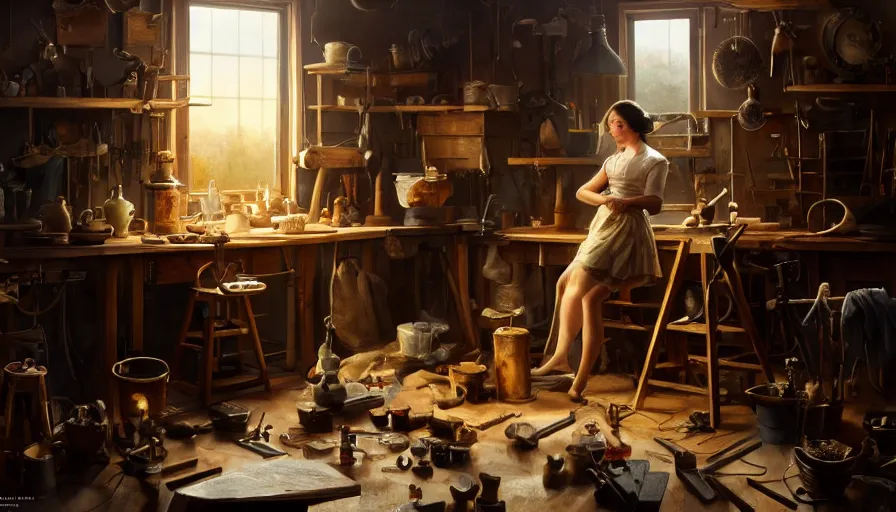 Image similar to highly detailed oil painting | very intricate | cinematic lighting | award - winning | craftsman | building a piece of furniture in their well organized clean workshop | beautiful cinematic light, american romanticism, by huang guangjian, gil elvgren, ruan jia, randy vargas, greg rutkowski, artstation, cgsociety, official art, octane