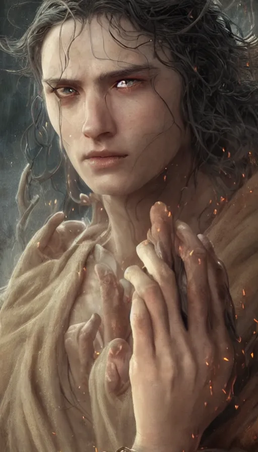 Image similar to epic masterpiece portrait lord of the rings in dungeons and dragons, long robe, sweaty skin, hyperrealistic, octane render, cinematic, beautiful face and flawless skin, perfect hands, 5 fingers, by Edgar Maxence and Ross Tran and Michael Whelan, Legends of Runeterra
