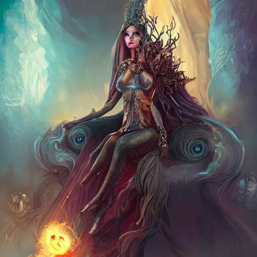 Prompt: a necromancer woman seated on her throne of sorcery and power with flames in her 2 eyes. by anna dittmann, trending on art station, intricate detail, highly detailed, atmospheric