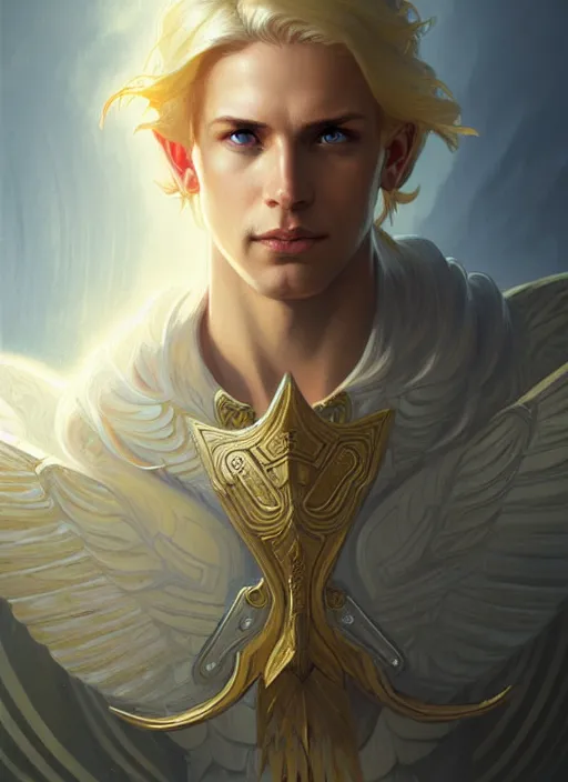 Image similar to portrait of a floating winged aasimar paladin blond young man with amber eyes strong, sofisticated, fantasy, highly detailed, digital painting, artstation, concept art, character art, art by greg rutkowski and tyler jacobson and alphonse mucha