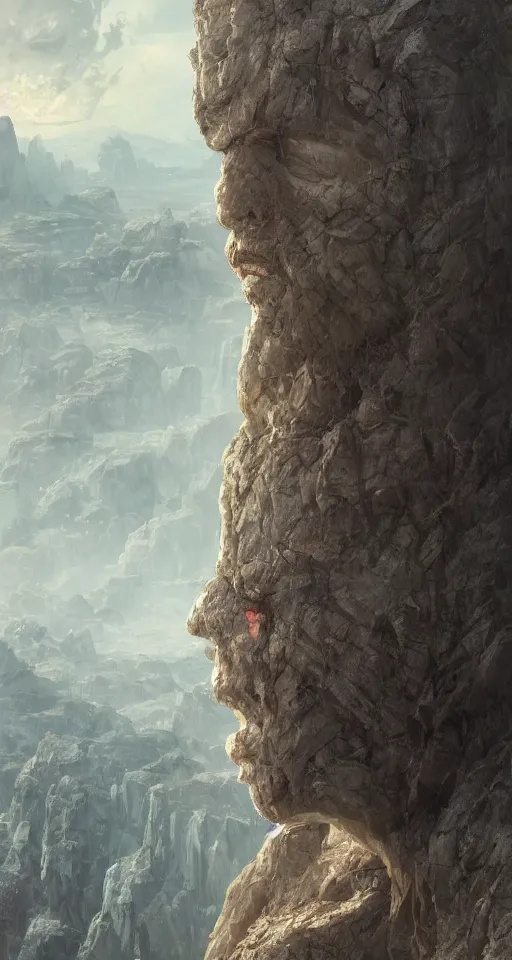 Image similar to a detailed portrait of a giant robotic face buried half way in a cliff by Greg Rutkowski, Sung Choi, Mitchell Mohrhauser, Maciej Kuciara, Johnson Ting, Maxim Verehin, Peter Konig, final fantasy, Marco lense , 8k photorealistic, cinematic lighting, HD, high details, atmospheric , trending on artstation