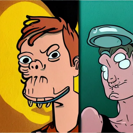 Prompt: a realistic portrait of fry and lila from futurama in the style of h. r. giger