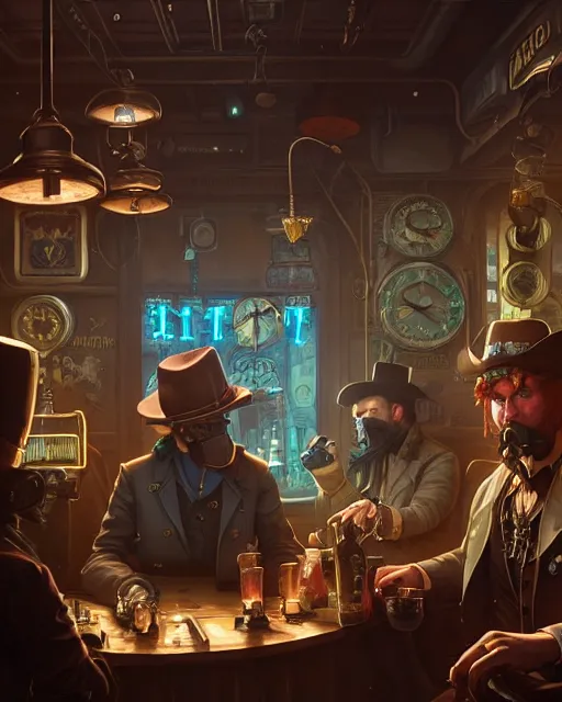 Image similar to highly detailed surreal vfx portrait of a steampunk cowboy in a cyberpunk saloon, stephen bliss, unreal engine, greg rutkowski, loish, rhads, beeple, makoto shinkai and lois van baarle, ilya kuvshinov, rossdraws, tom bagshaw, alphonse mucha, global illumination, detailed and intricate environment