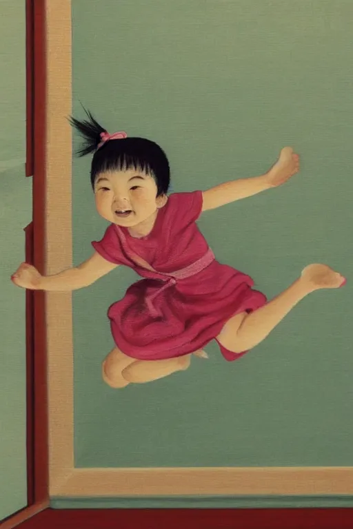 Prompt: a Tosa Mitsuoki painting of a toddler girl jumping in the kitchen