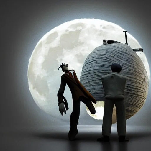 Image similar to full moon, figurines, travel, tilt shift, style of 3 d daz, occlusion, white clay, style of dave mckean, style of shuzo oshimi, style of will eisner, full of color, on white, smooth, thin sharp lines, detailed, octane render
