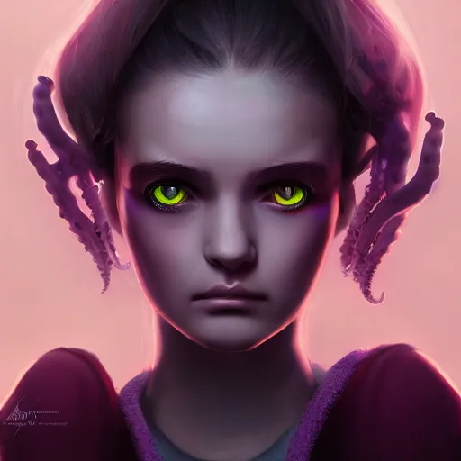 Prompt: artstation young teen with purple eyes and tiny and very thin tentacles on her head, furious, very detailed, portrait, high contrast, unreal engine 5