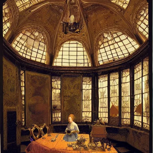 Prompt: illustration of an elaborate miniature tabletop haunted house under an ornate glass dome, by paulette tavormina and vermeer and rudolf ernst and clara peeters, hyper realistic, extremely detailed, dramatic lighting, goth, victorian