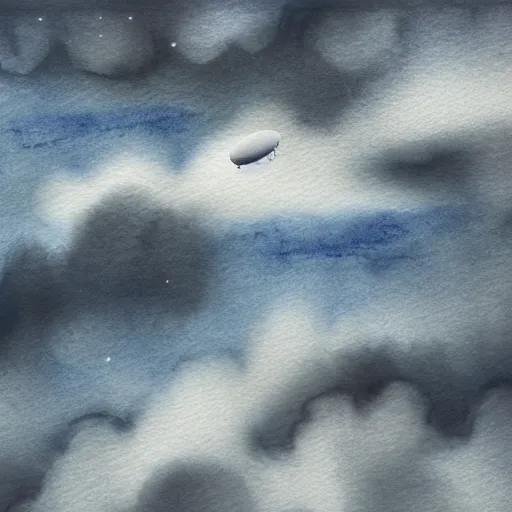 Image similar to high - angle view, from 1 0 0 0 feet in distance, vague uap interstellar vehicle on top of dramatic moody clouds in the sky, muted ink and watercolor. minimalist, detailed, muted colors. ue 5