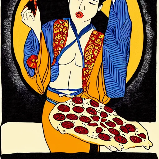 Prompt: afrodita in kimono eating pizza, greek mythology art