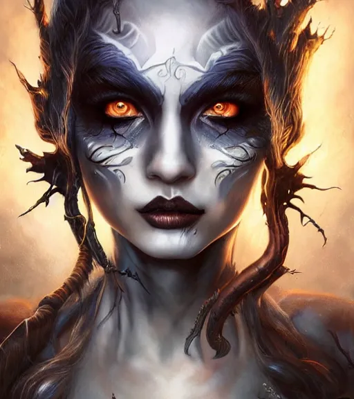 Image similar to a higly detailed airbrush full body shot and face portrait painting of a grim female sorceress with piercing eyes beautiful eyes, dynamic lighting, ambient lighting, deviantart, art by artgerm and simon bisley and karol bak