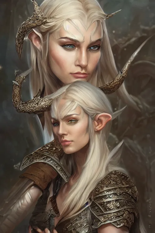 Prompt: Epic painting of a fierce female elven warrior, D&D, fantasy, intricate, elegant, highly detailed, digital painting, artstation, concept art, smooth, sharp focus, illustration, art by artgerm