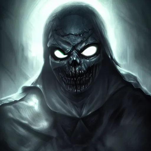 Image similar to photorealistic dark fantasy concept art of nightmare sans with his eye glowing, dynamic lighting, stunning visuals, ray tracing, beautiful scenery, cinematic, full body portrait, ultra detailed, hyper detail, stunning detail